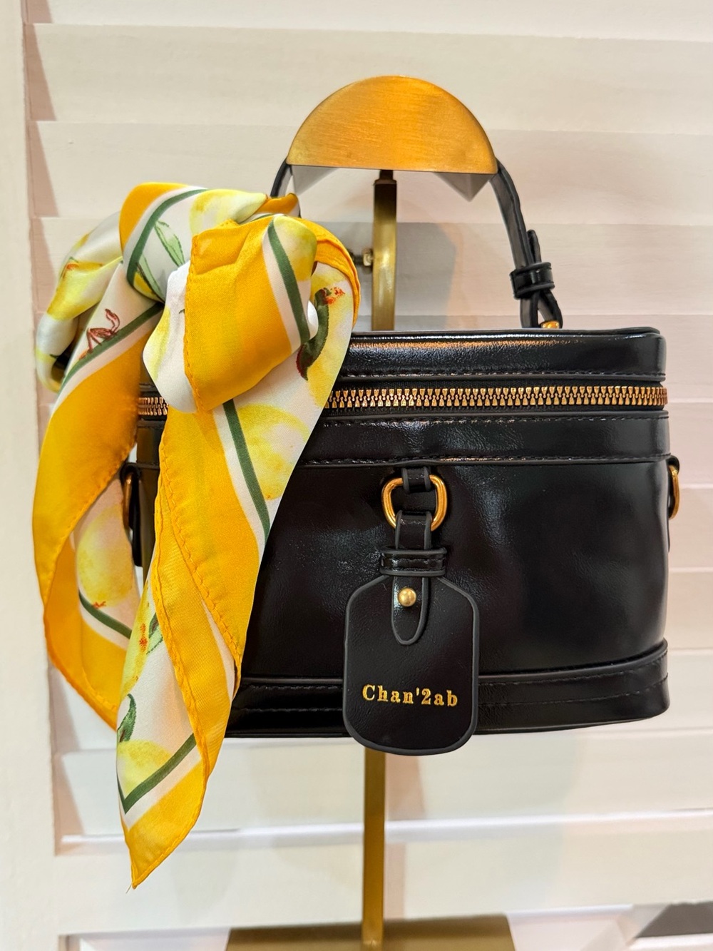 Black Leather Mini Top-Handle Bag with Yellow Scarf Accent